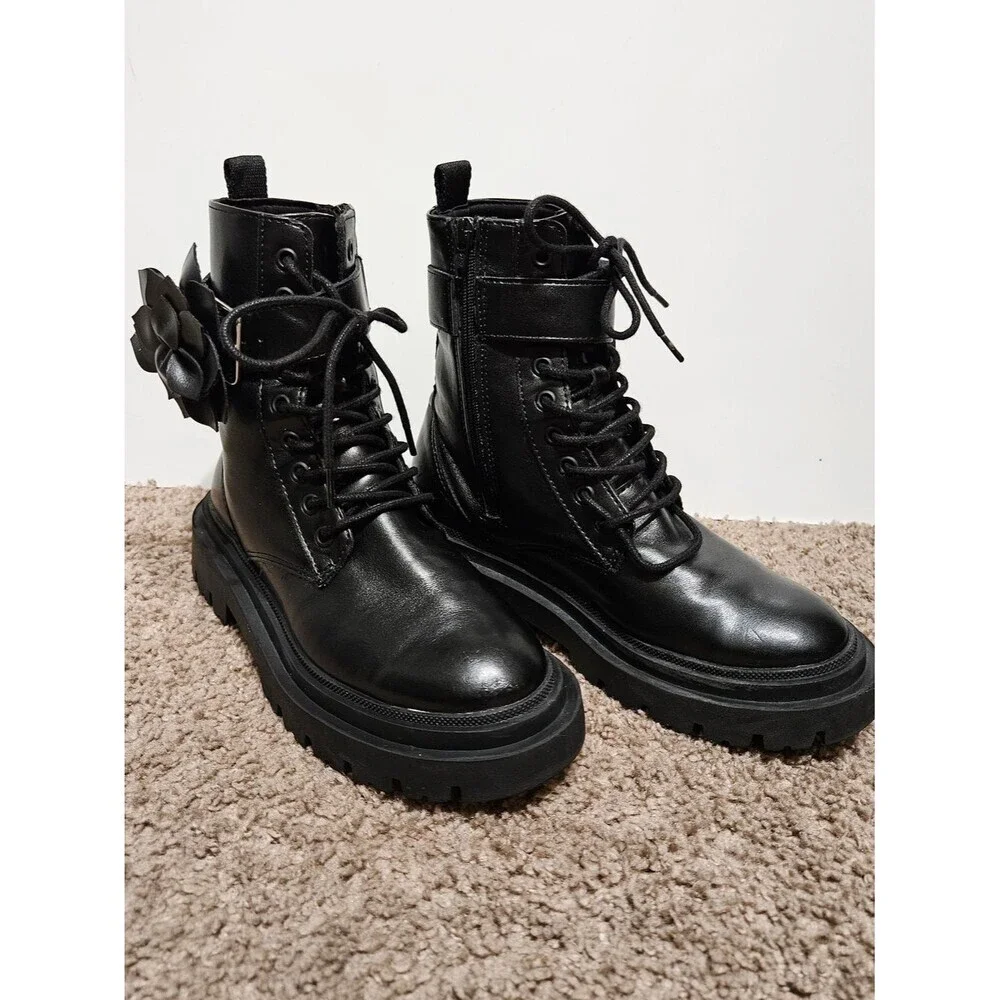 ZARA Girls Chunky Combat Boots Black | Floral Detail  | Trendy